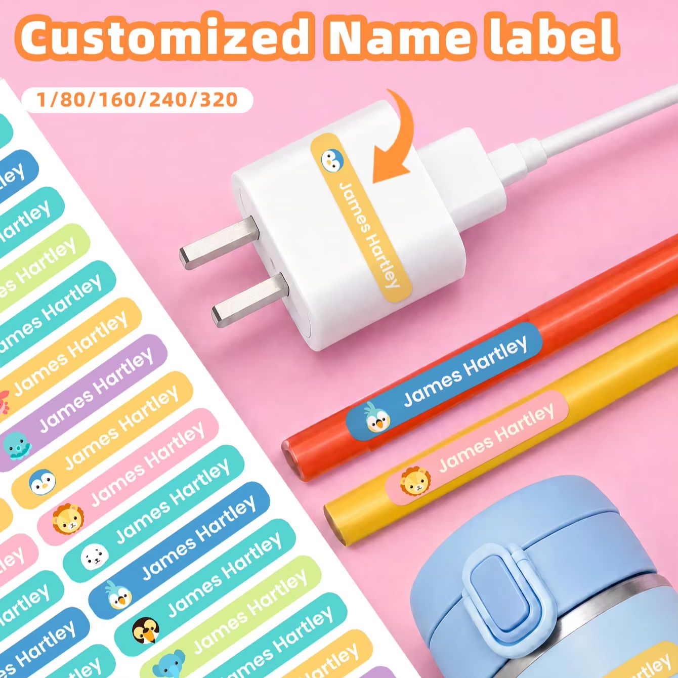 Personalized Name Box - 1-320PCS 맞춤형 만화 이름 스티커, 책